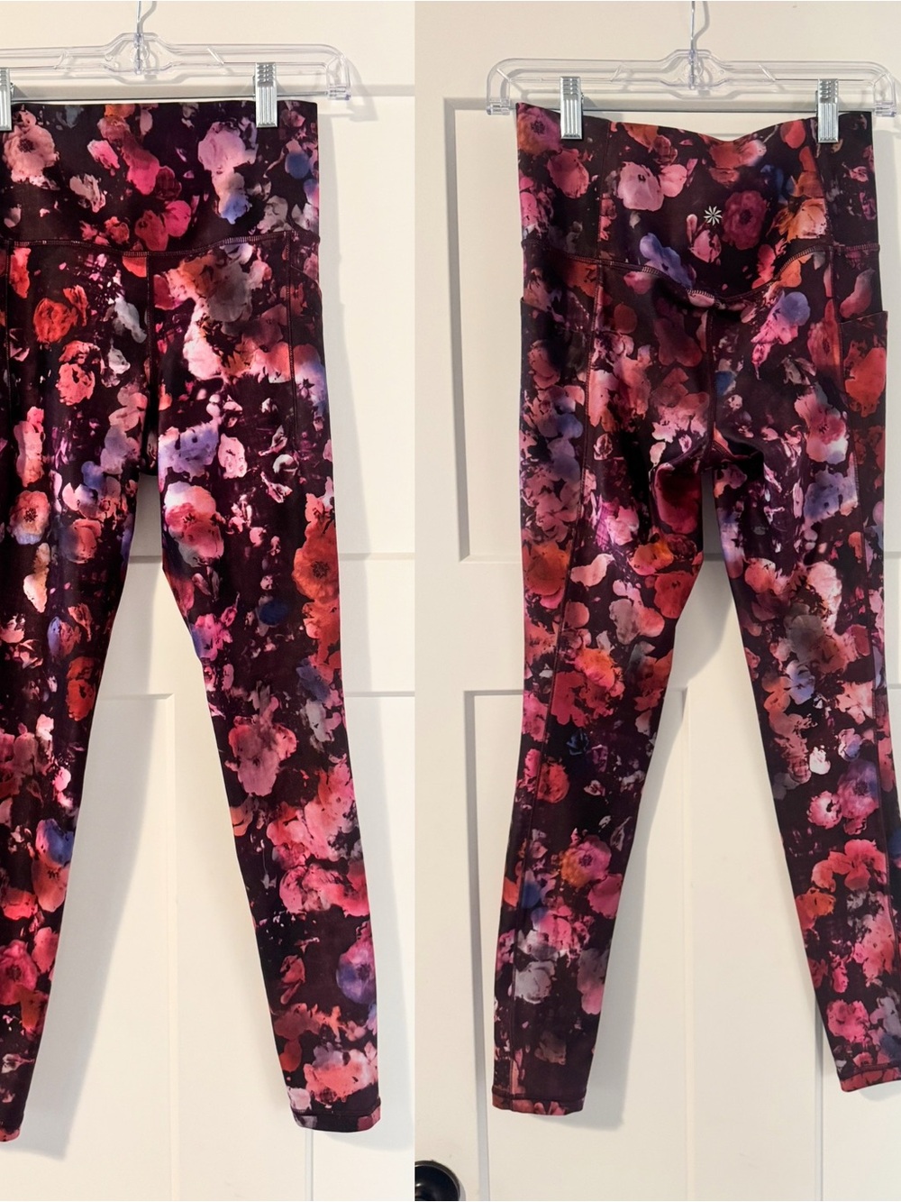 Athleta Floral Print Leggings in Plum with Pink & Red Accents